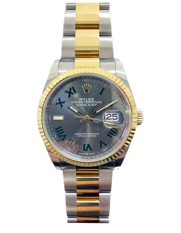 Rolex Datejust 36mm Slate Dial Fluted 18K Gold Two Tone Oyster Watch 126233 Pre-Owned